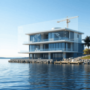 Modern luxury waterfront home under construction with holographic architectural plans and timelines floating above, set against a clear blue sky.