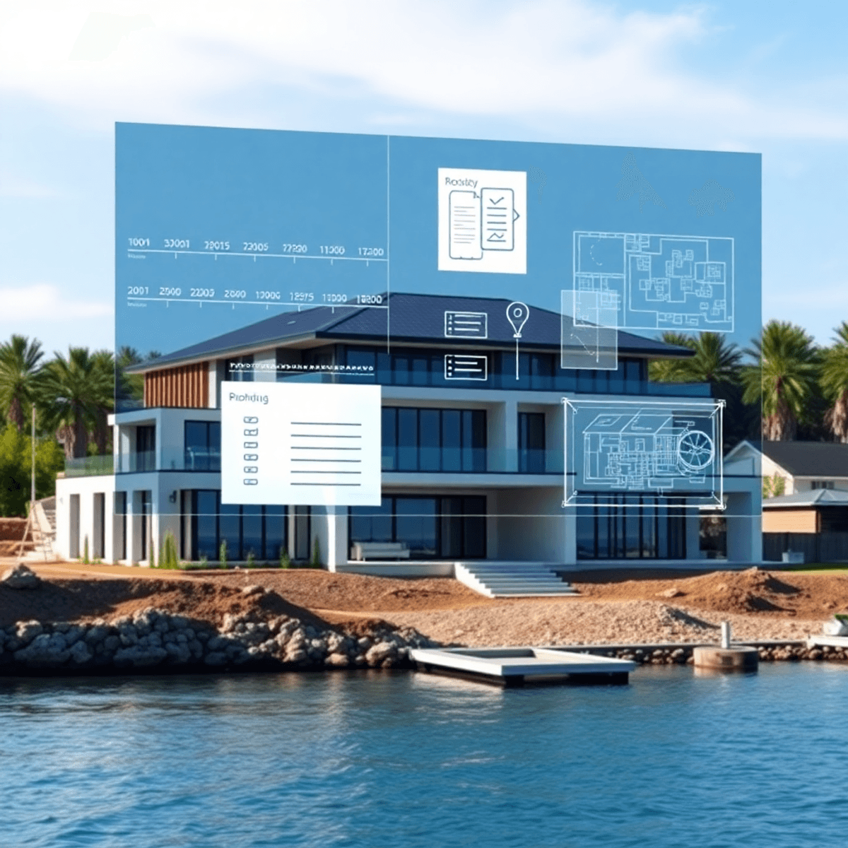 Modern luxury waterfront home under construction with digital holographic project timelines and architectural plans floating above the site against a clear sky.