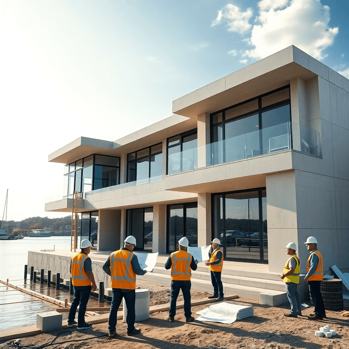 Modern waterfront estate under construction with crew reviewing plans on site beside the water