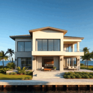 Modern luxury waterfront home with large windows, shaded outdoor spaces, native landscaping, and a sturdy roof under a clear blue sky.