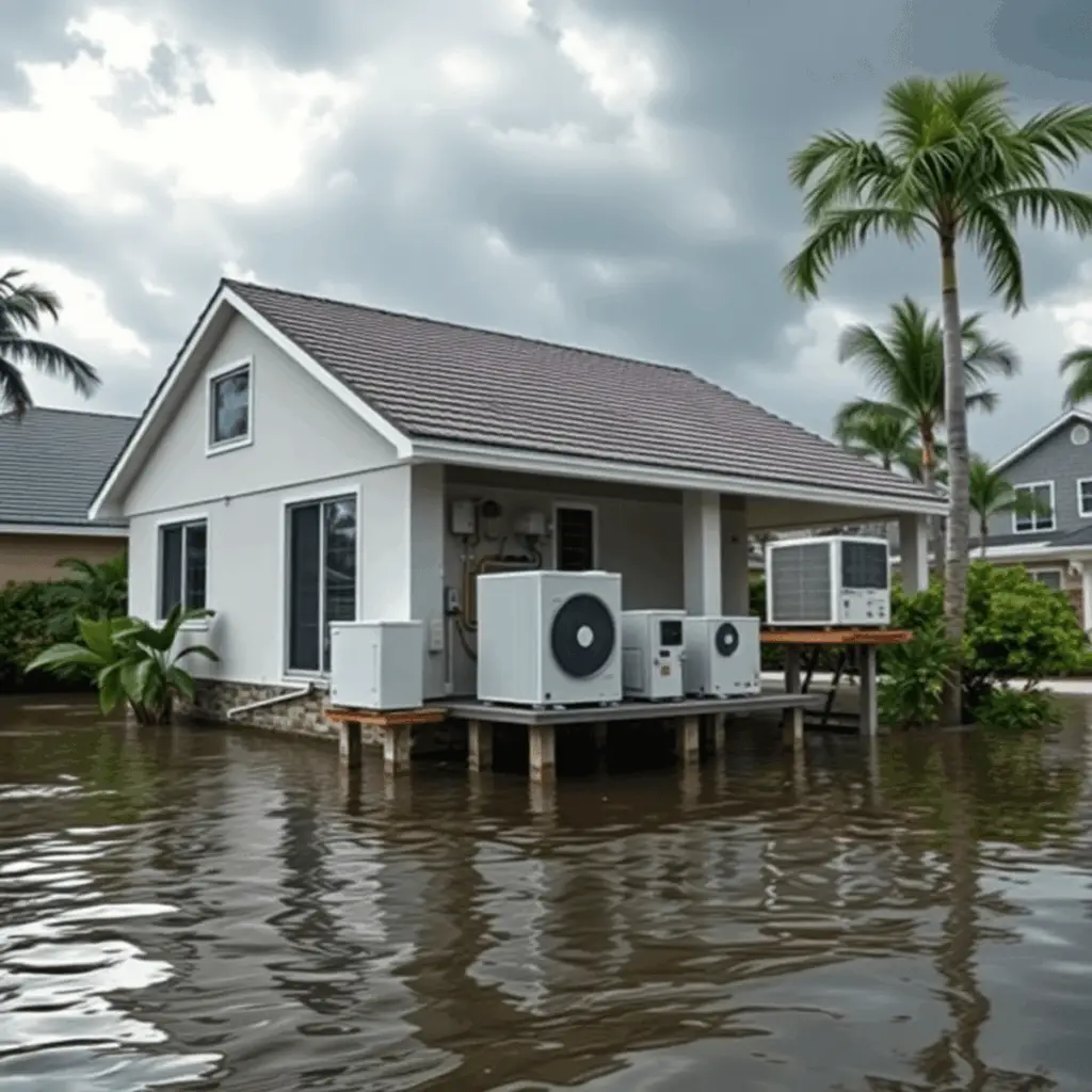 Modern suburban home in a coastal flood zone with raised utilities and tropical landscaping under a cloudy, stormy sky.