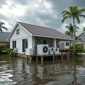 Modern suburban home in a coastal flood zone with raised utilities and tropical landscaping under a cloudy, stormy sky.