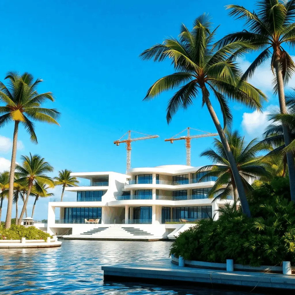 Modern waterfront estate under construction with palm trees, calm blue waters, and cranes in a sunny coastal setting.