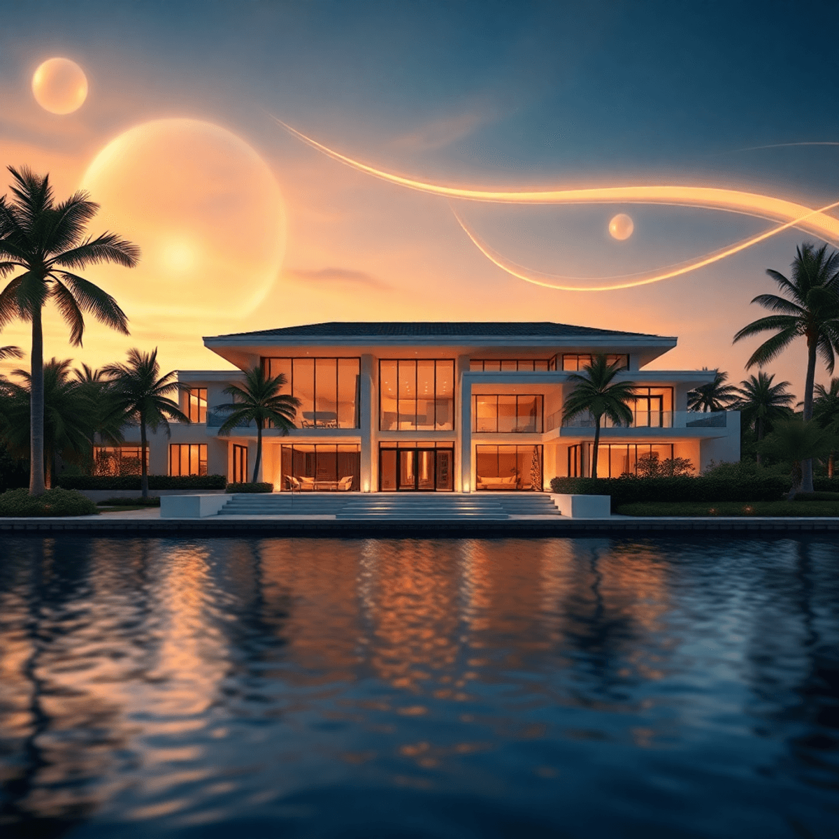 EB-5 Visa, Currency Exchange & Tax Considerations for Foreign Luxury Home Buyers in Florida - 1 Modern waterfront home at sunset with palm trees, calm water, elegant design, and glowing golden orbs symbolizing wealth and tropical luxury.