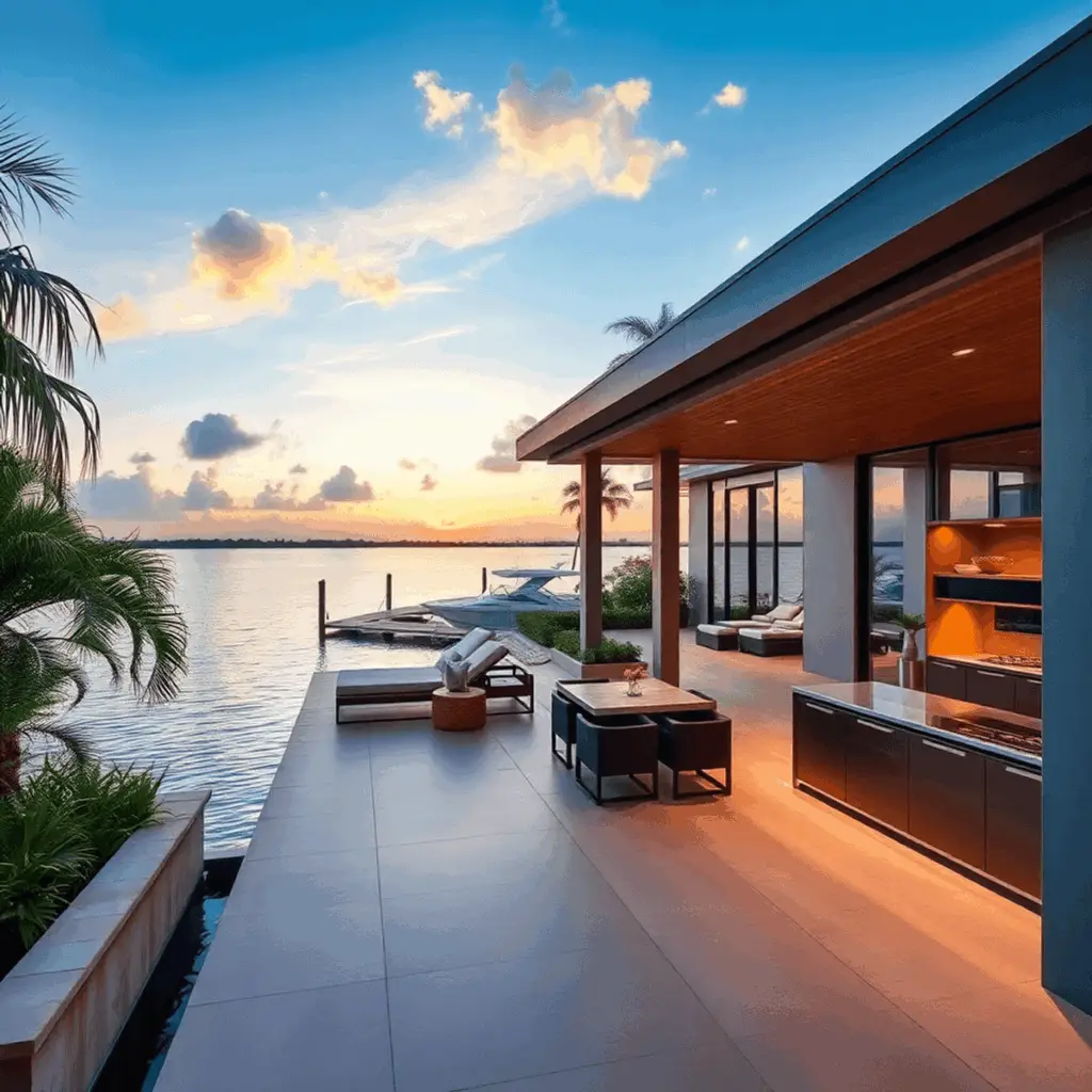 Modern waterfront home at sunset with sleek architecture, lush landscaping, covered terrace, outdoor kitchen, and calm water with private dock.