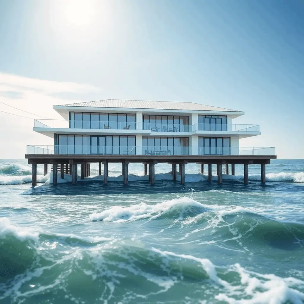 Modern waterfront home on pilings above rough ocean waves under bright sunlight and clear blue sky, blending elegant architecture with coastal resi...