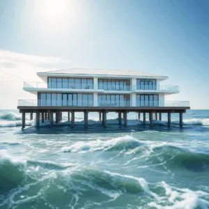 Modern waterfront home on pilings above rough ocean waves under bright sunlight and clear blue sky, blending elegant architecture with coastal resi...