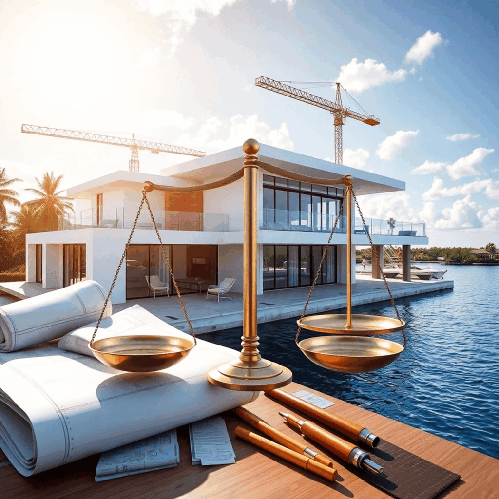 Modern waterfront home under construction with blueprints, tools, and an abstract balanced scales overlay symbolizing luxury building and dispute r...