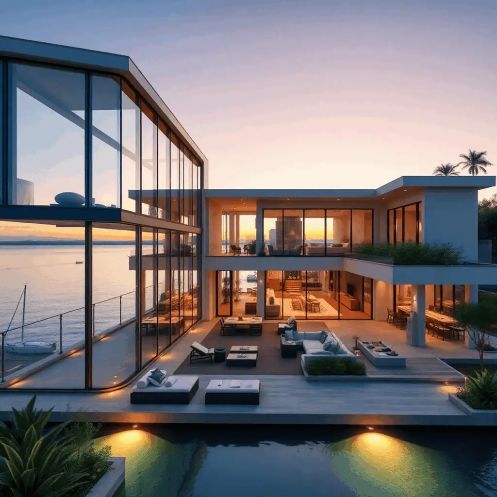 Modern waterfront home with floor-to-ceiling glass walls, open terraces, ambient lighting, and lush greenery at sunset.