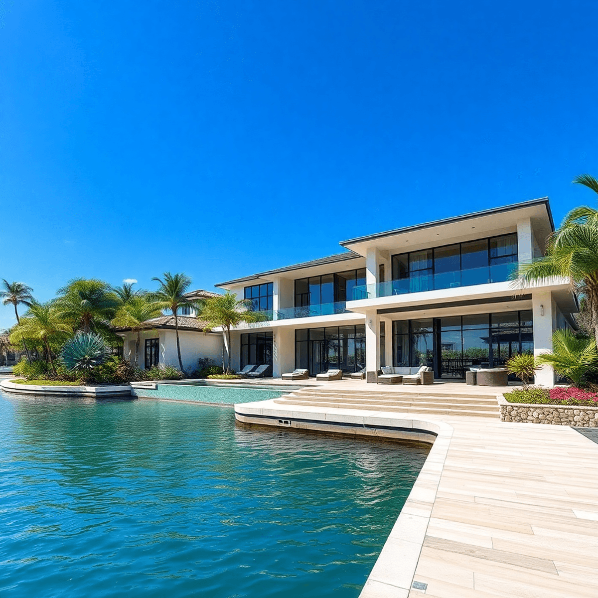 Modern waterfront home with glass walls, a spacious patio, tropical planting, and calm canal water under a clear sky