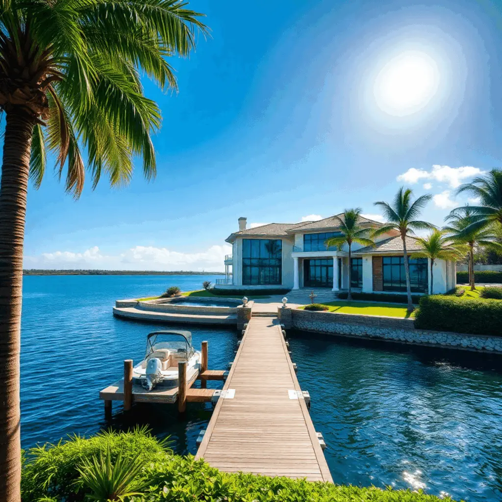 Modern waterfront mansion with private dock, boat, lush tropical landscaping, and calm blue waters under a bright sunny sky in Boca Raton.