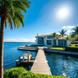 Modern waterfront mansion with private dock, boat, lush tropical landscaping, and calm blue waters under a bright sunny sky in Boca Raton.