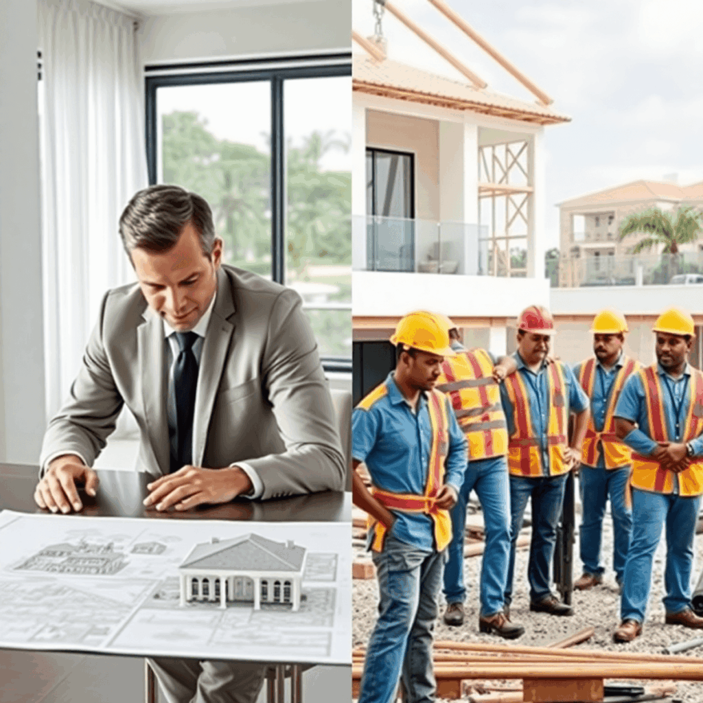 Split image: owner’s rep reviewing luxury home plans; builder team coordinating at custom home construction site with tools and materials.