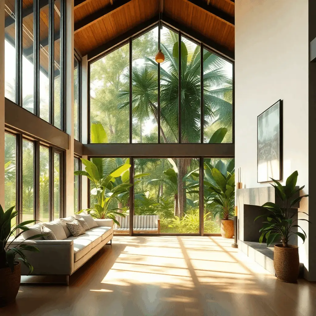 Sunlit modern home interior with large windows, lush greenery outside, and warm light creating a calm, inviting atmosphere in a tropical setting.