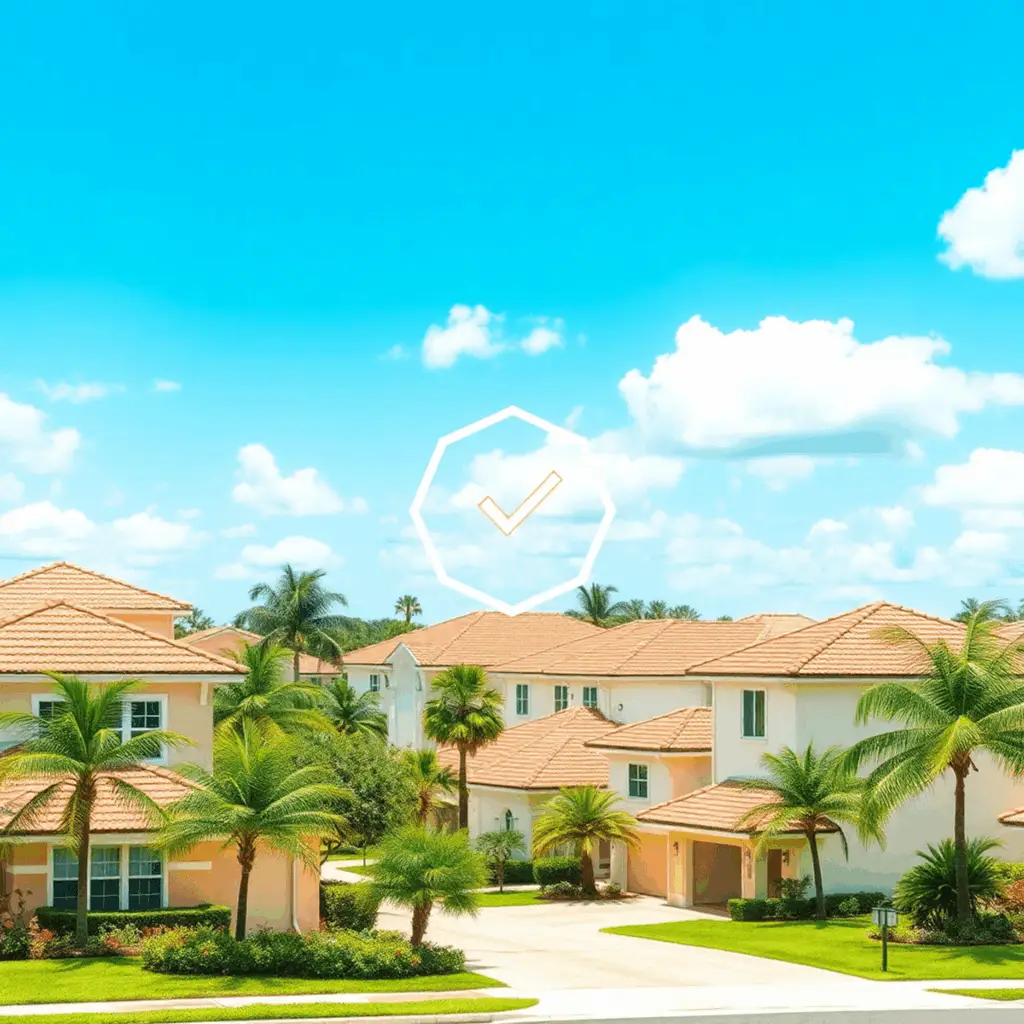 Sunny South Florida neighborhood with tiled roofs, palm trees, lush landscaping, clear sky, and subtle geometric shapes symbolizing HOA and approva...