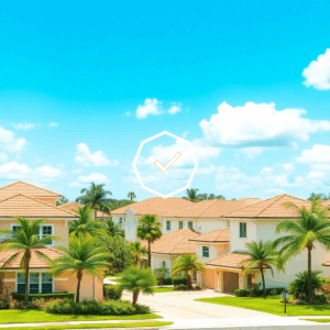 Sunny South Florida neighborhood with tiled roofs, palm trees, lush landscaping, clear sky, and subtle geometric shapes symbolizing HOA and approva...