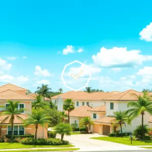 Sunny South Florida neighborhood with tiled roofs, palm trees, lush landscaping, clear sky, and subtle geometric shapes symbolizing HOA and approva...
