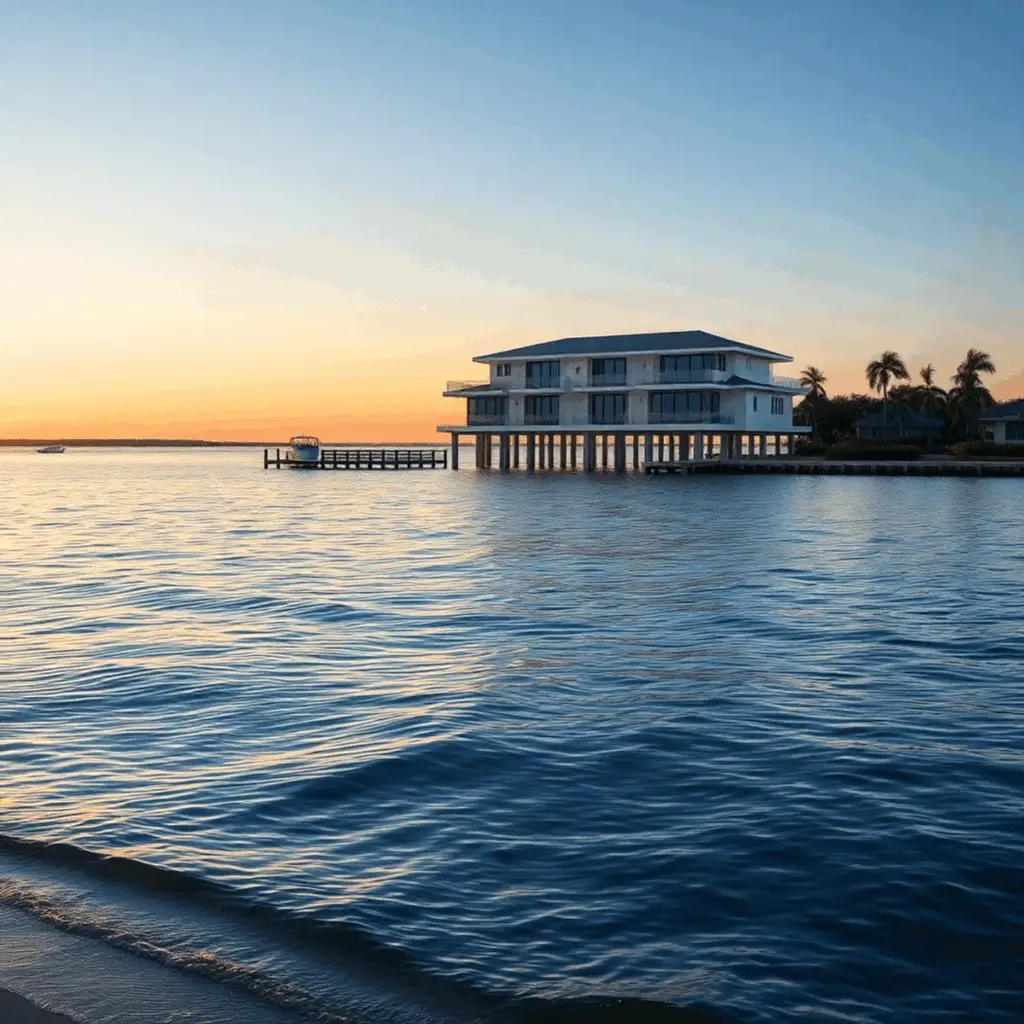 Sunrise over a modern stilted waterfront home with calm water, landscaped shoreline, docks, and soft waves under a clear sky.