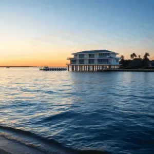 Sunrise over a modern stilted waterfront home with calm water, landscaped shoreline, docks, and soft waves under a clear sky.