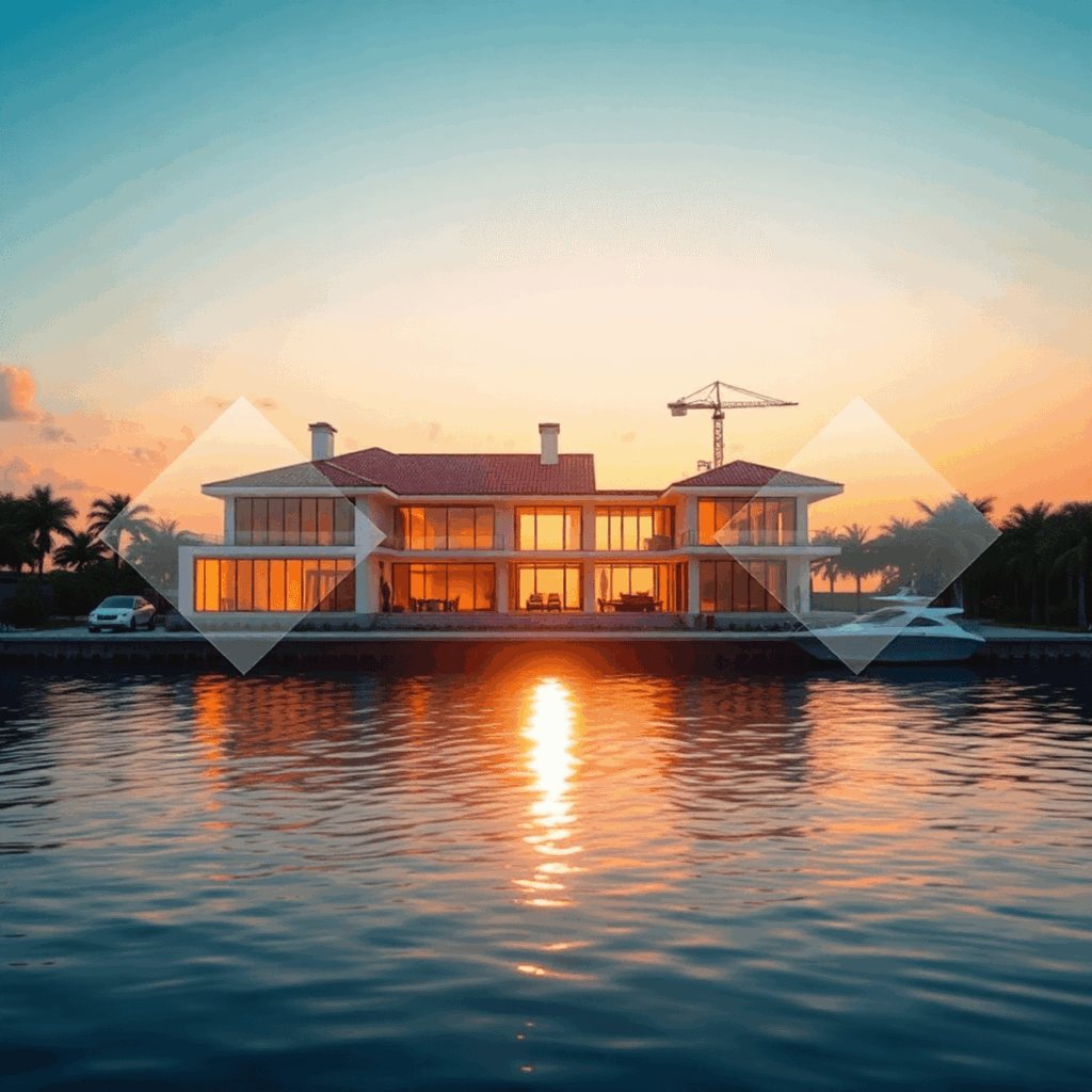 Sunset view of a South Florida waterfront luxury home under construction, calm water foreground, with transparent geometric shapes symbolizing over...
