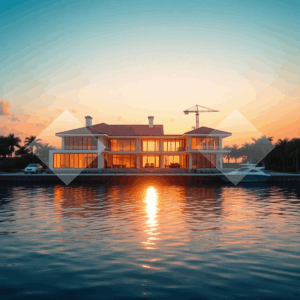 Sunset view of a South Florida waterfront luxury home under construction, calm water foreground, with transparent geometric shapes symbolizing over...