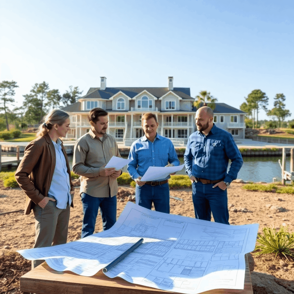Team of professionals reviewing blueprints outdoors at a luxury waterfront estate under construction, surrounded by natural scenery.