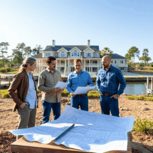 Team of professionals reviewing blueprints outdoors at a luxury waterfront estate under construction, surrounded by natural scenery.