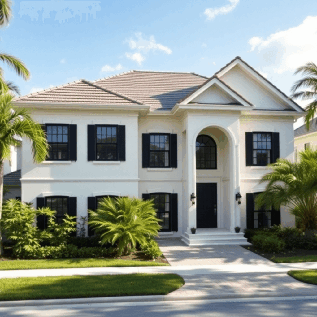 Traditional home with gable rooflines and black-framed windows, surrounded by lush greenery in a sunny South Florida neighborhood.