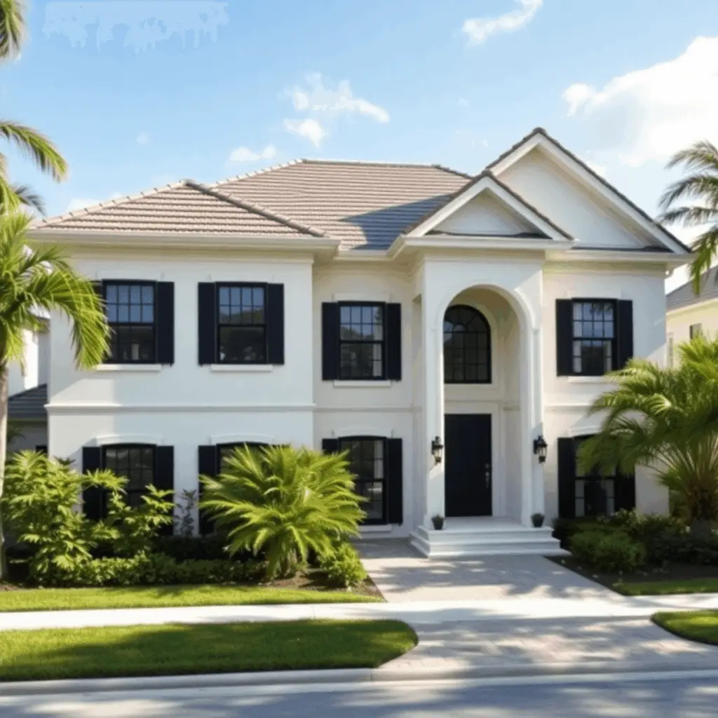 Traditional home with gable rooflines and black-framed windows, surrounded by lush greenery in a sunny South Florida neighborhood.