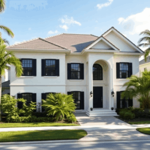 Traditional home with gable rooflines and black-framed windows, surrounded by lush greenery in a sunny South Florida neighborhood.