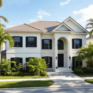 Traditional home with gable rooflines and black-framed windows, surrounded by lush greenery in a sunny South Florida neighborhood.