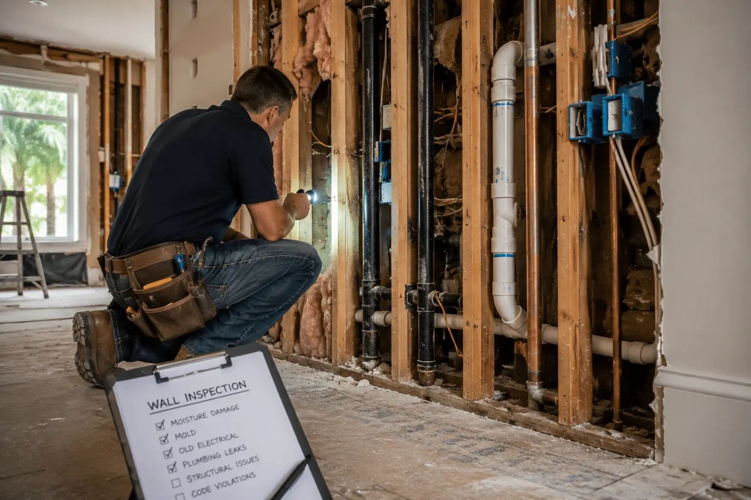 Client Stories From a Luxury Custom Home Builder in South Florida - 3 Renovation crew opening walls in a South Florida luxury home to inspect plumbing, electrical, and structure