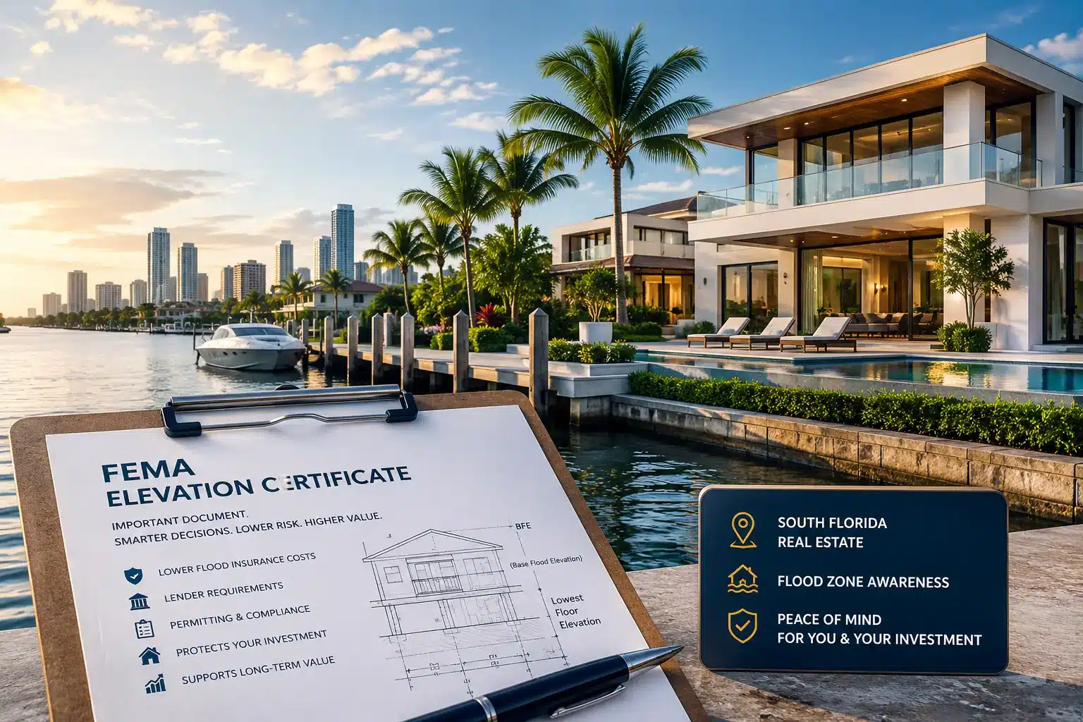 FEMA elevation certificate graphic showing base flood elevation and lowest floor elevation beside a waterfront estate