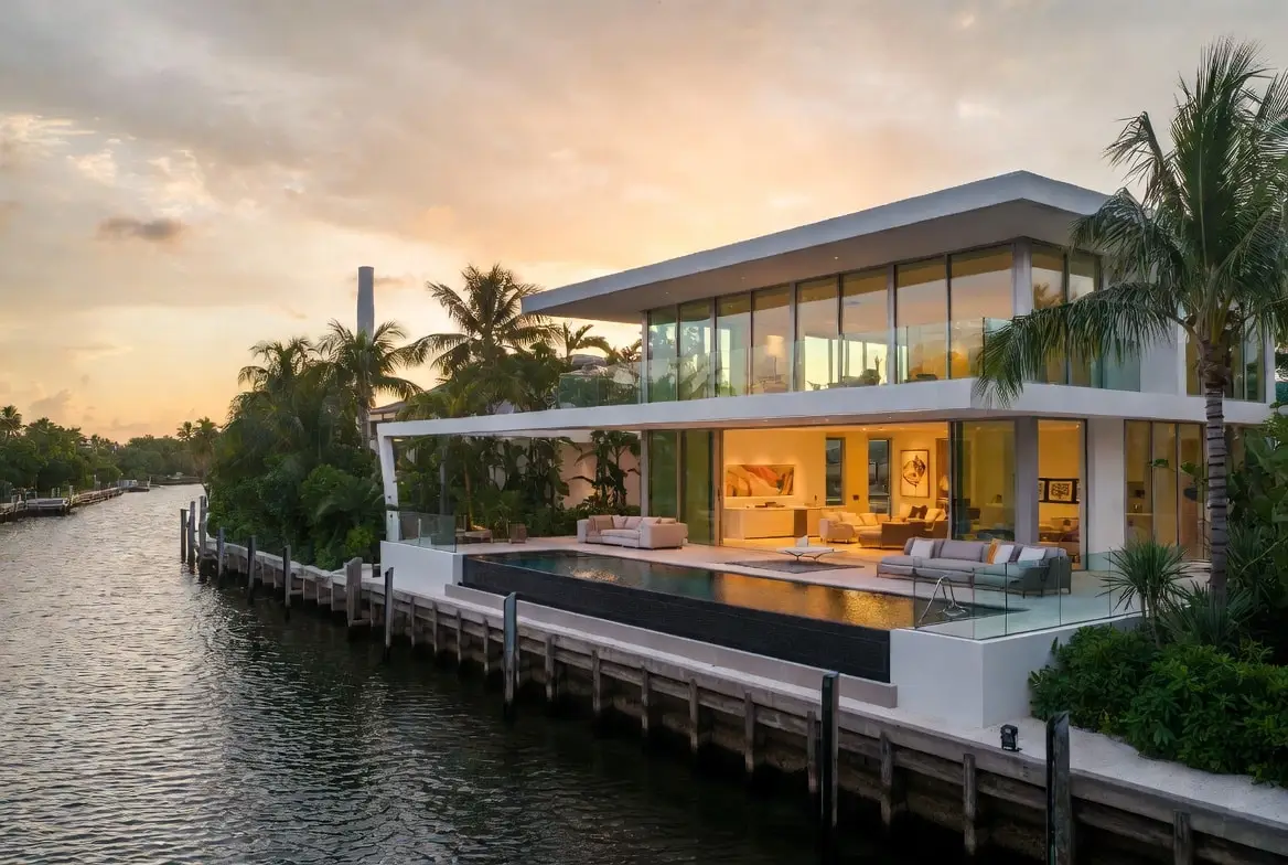Waterfront luxury living in South Florida: canal-front home with timber seawall, dock pilings, and covered terraces facing the water