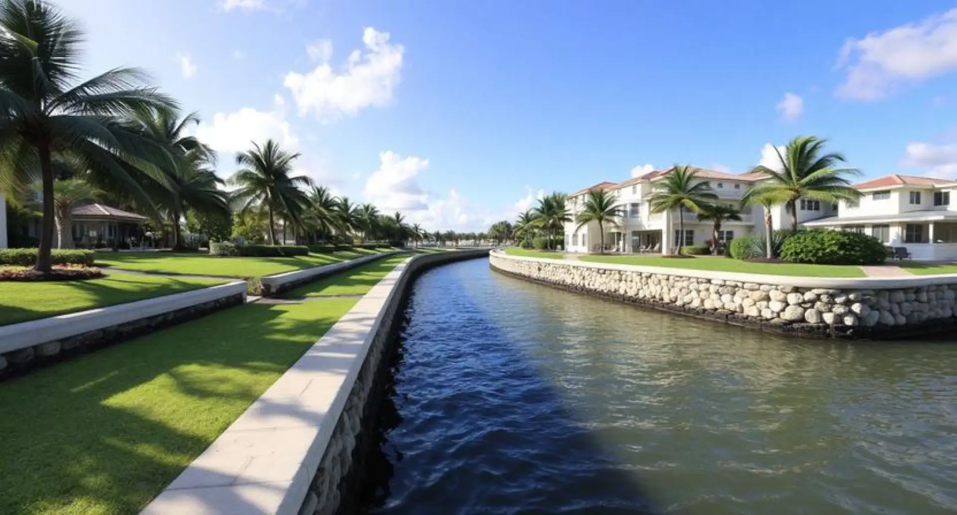 Residential South Florida canal lined with seawalls, manicured lawns, and waterfront homes on both banks