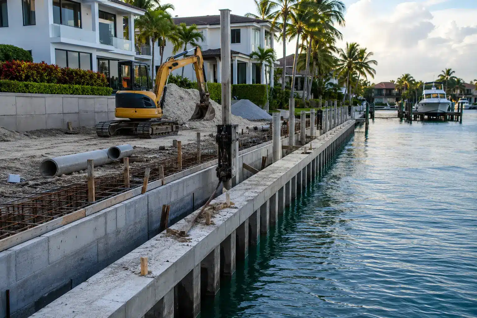 Harbor Beach Florida Waterfront Homes: What to Know First - 2 New concrete seawall under construction on a Fort Lauderdale canal, with a mini excavator, rebar for the cap, and waterfront homes behind