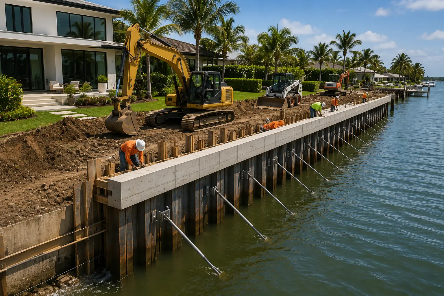 Marine construction work along a shoreline
