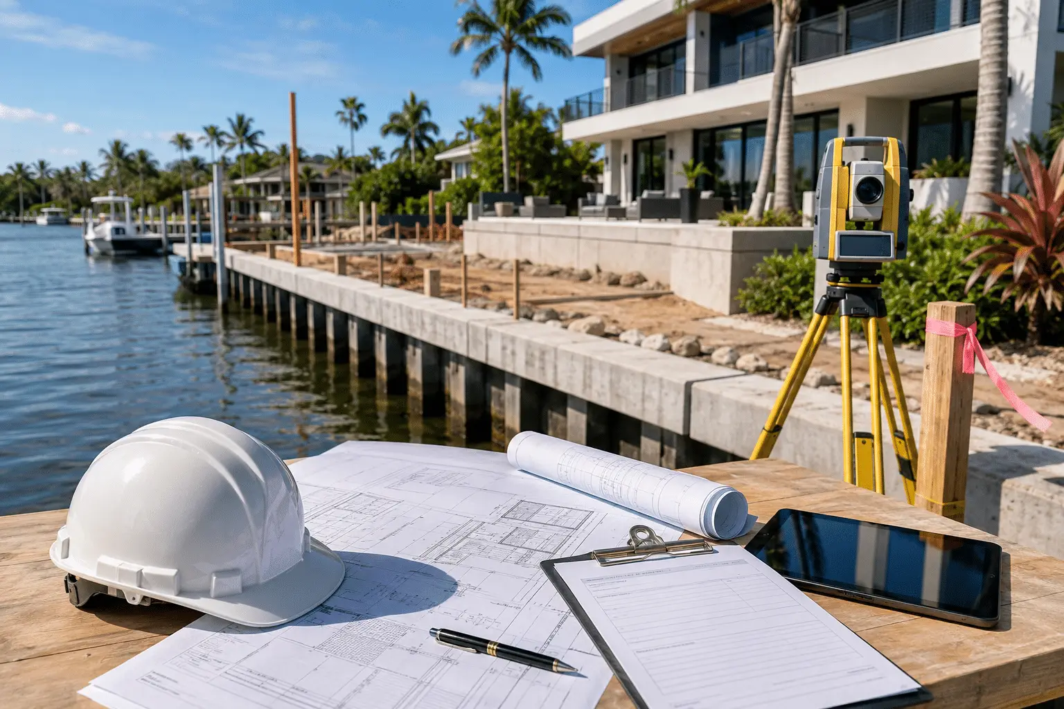 Survey instrument, hard hat, and construction drawings on a Fort Lauderdale waterfront lot beside a new seawall and dock