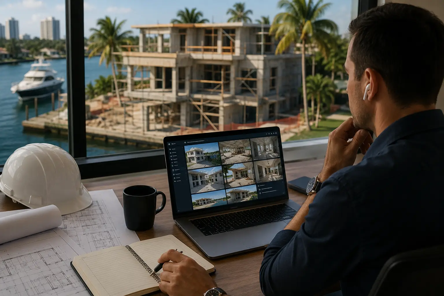 Builder reviewing progress photos on a laptop with a waterfront home under construction outside the window