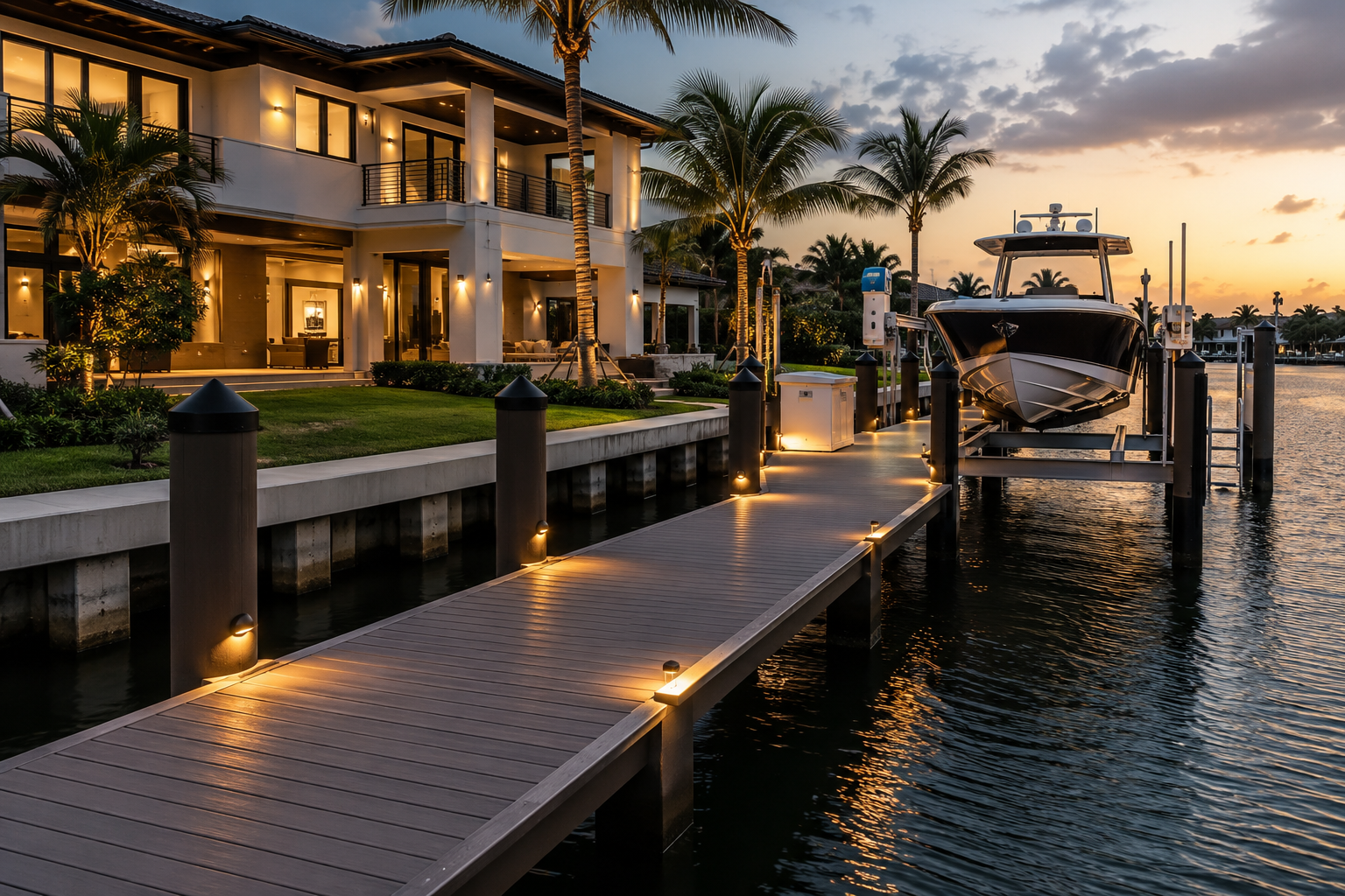 Wealth Migration to South Florida - 3 Waterfront dock with boats at sunset in South Florida