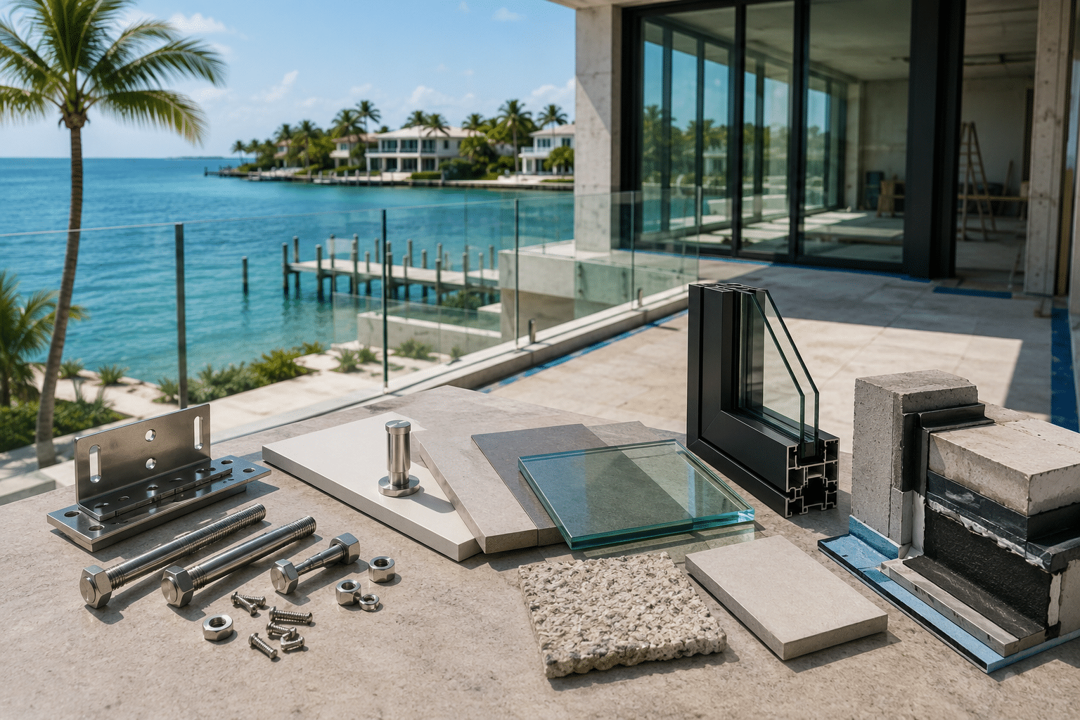 Coastal building materials laid out on a terrace: stainless fasteners and connectors, laminated impact glass, an aluminum window frame section, stone samples, and a waterproofing assembly