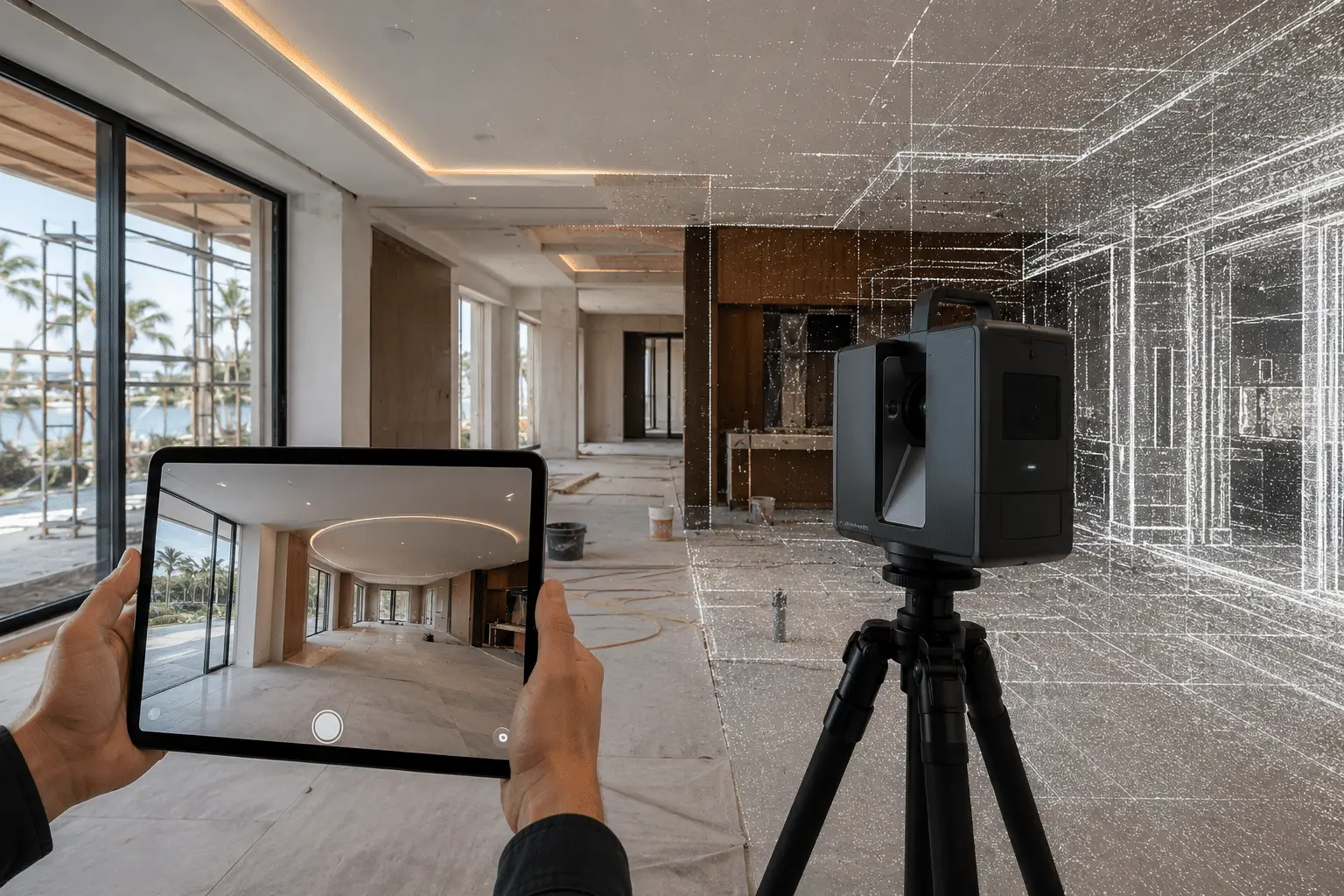 Laser scanner on a tripod documenting an unfinished luxury interior, with a point cloud overlay and tablet view