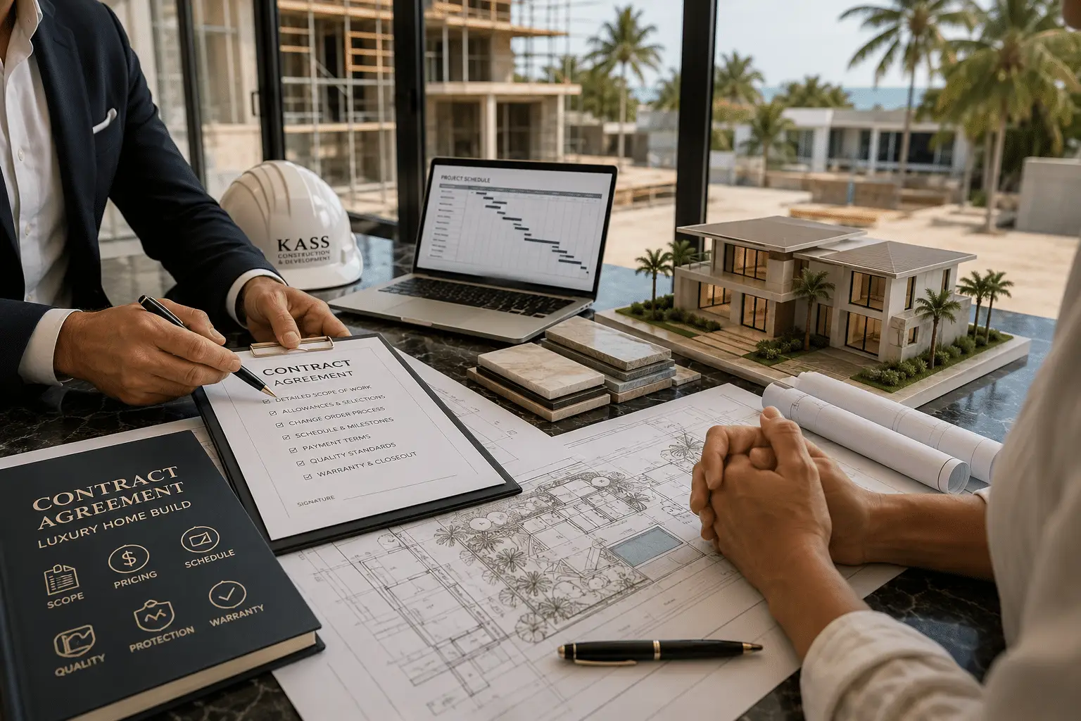 Signing construction contracts for a luxury home build