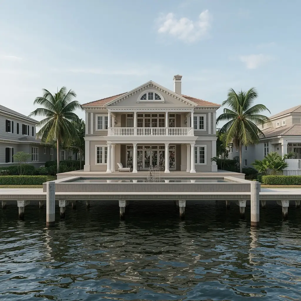Waterfront estate with a raised terrace and private dock on calm water