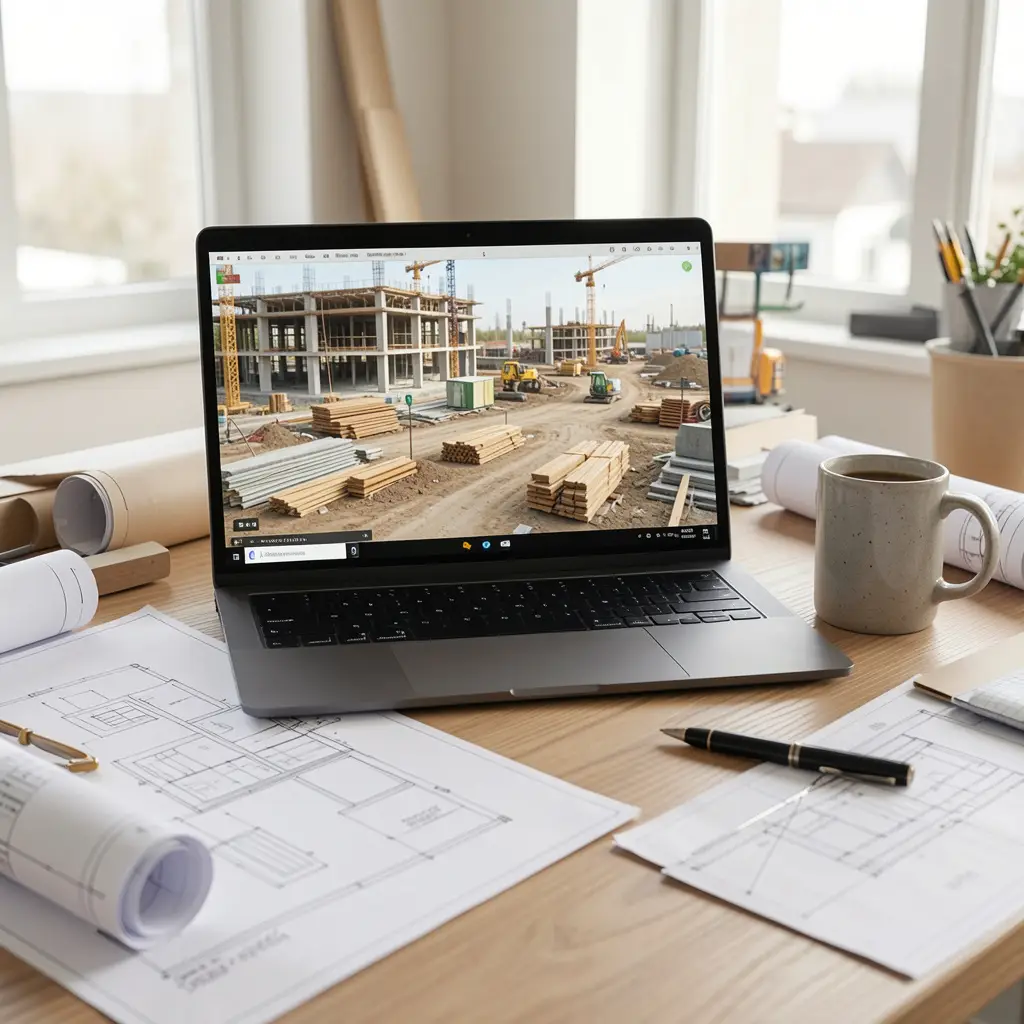 Virtual project management tools showing a live construction feed and drawings