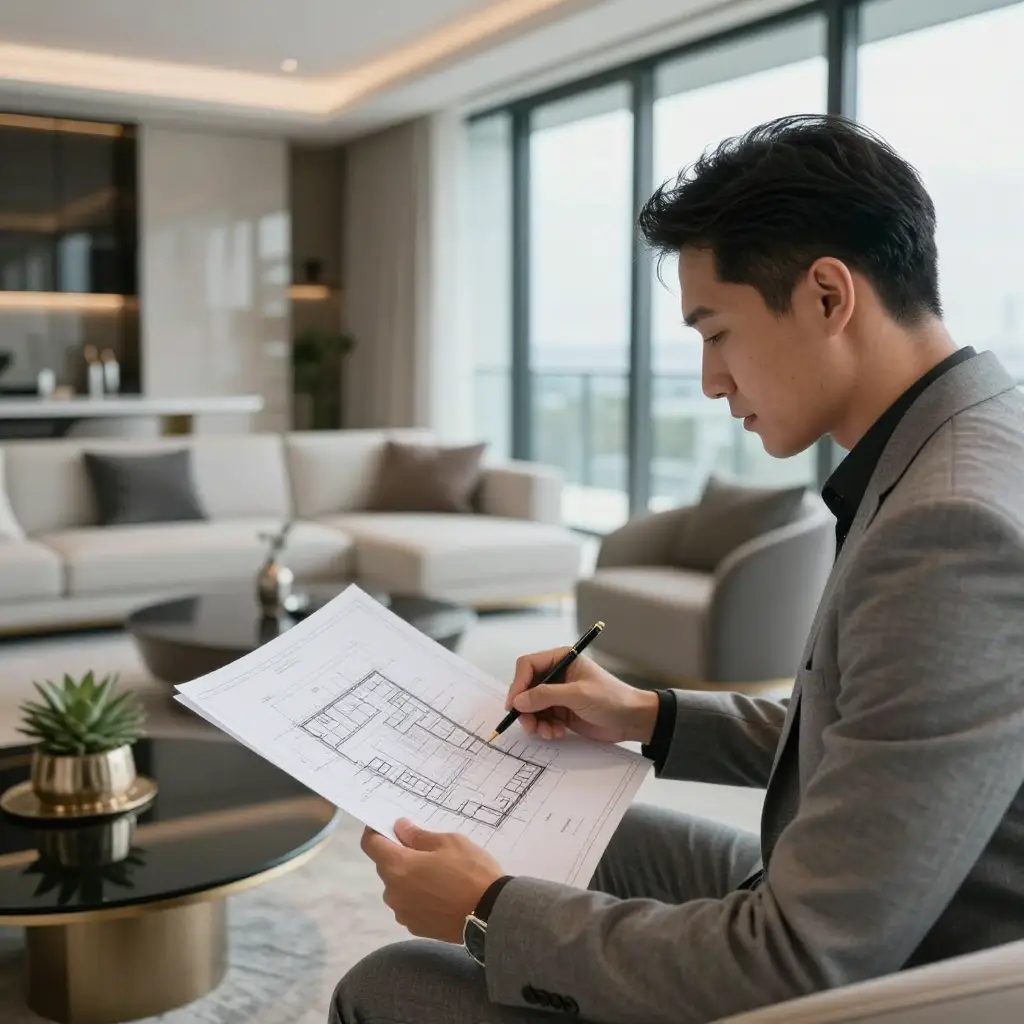 International buyers reviewing floor plans for a South Florida luxury home