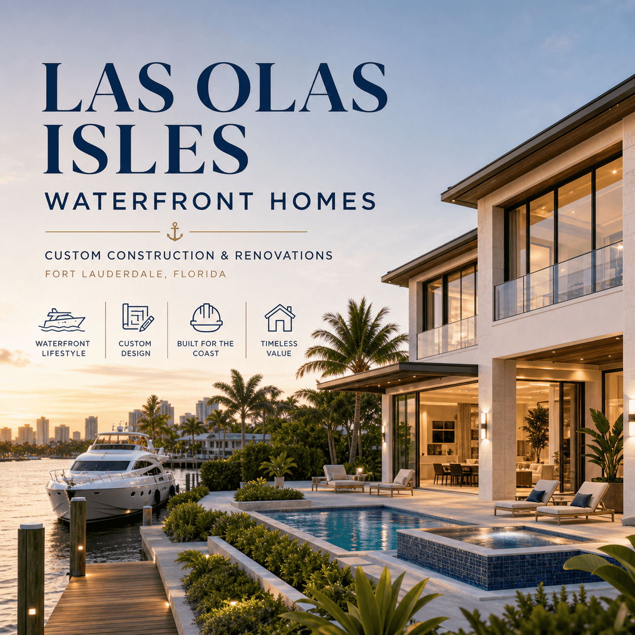 Las Olas Isles waterfront homes graphic: a modern two-story canal-front home in Fort Lauderdale with a pool, dock, and yacht at sunset