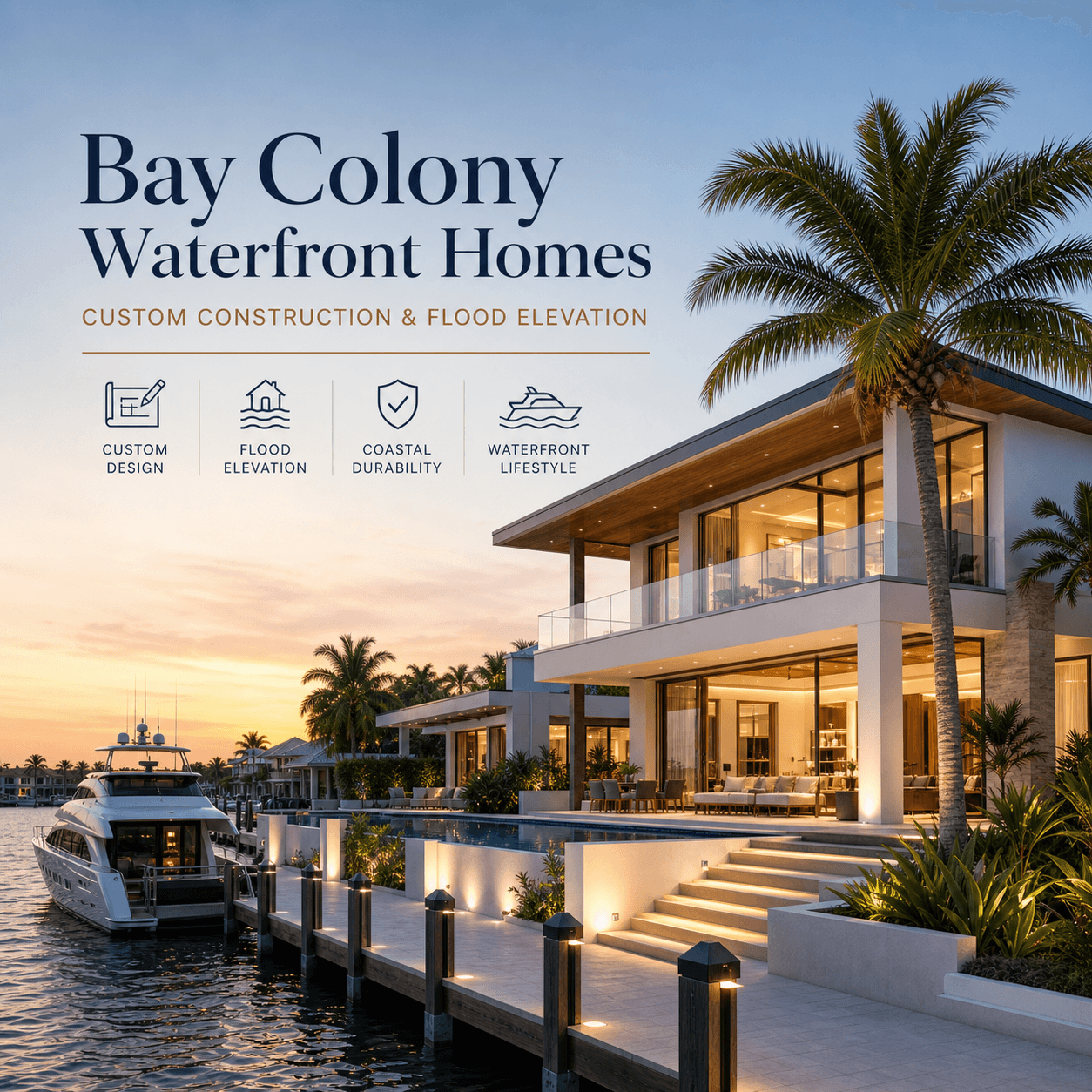Bay Colony Waterfront Homes: Construction and Flood Elevation - 1 Bay Colony waterfront homes graphic: custom construction and flood elevation in Fort Lauderdale