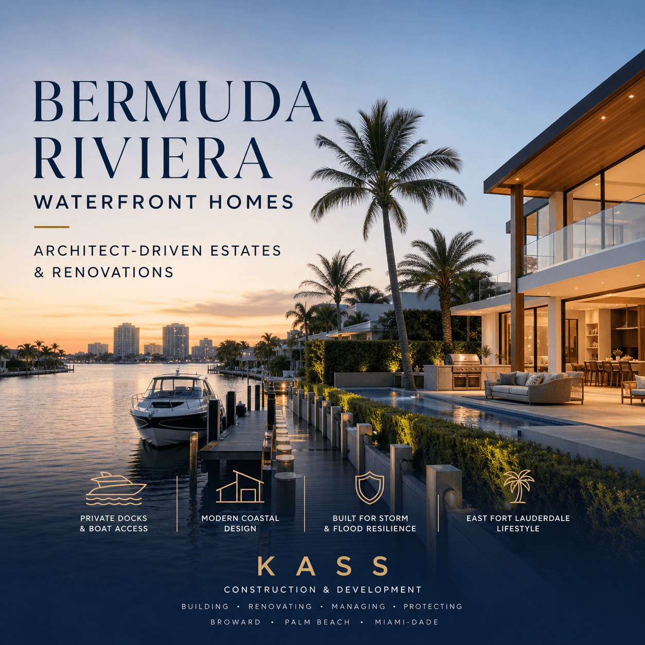Bermuda Riviera waterfront homes graphic: architect-driven estates and renovations in East Fort Lauderdale