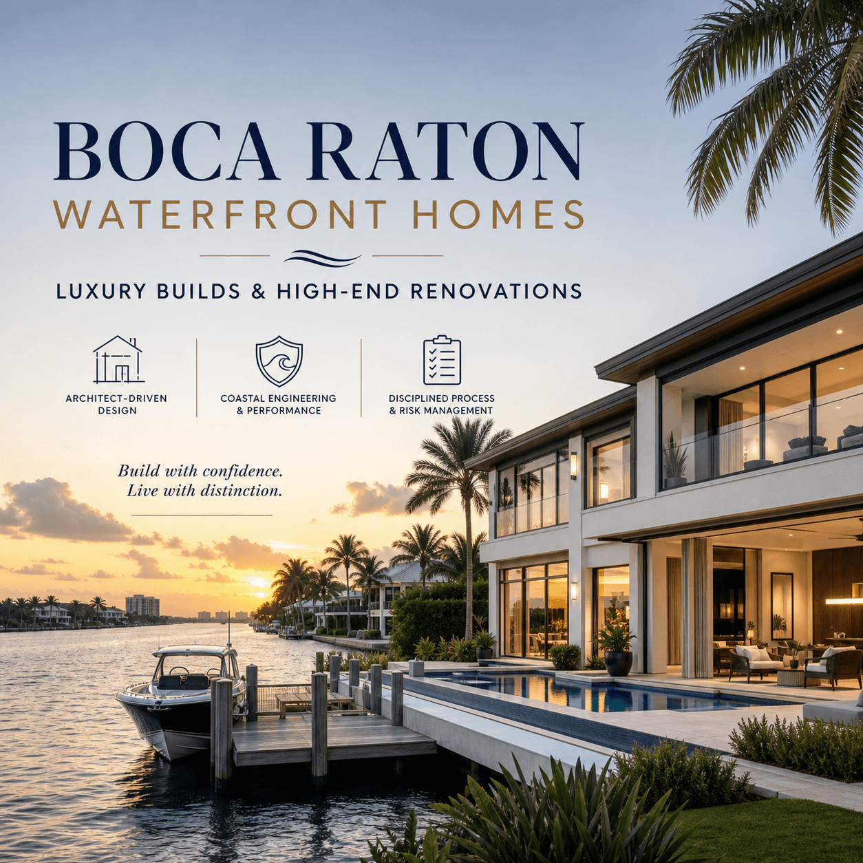 Boca Raton waterfront homes graphic: luxury custom builds and high-end renovations in Palm Beach County